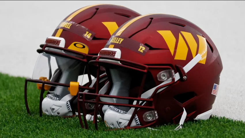 May 6 2022 Ashburn Virginia USA A view of Washington Commanders players helmets rest on the field during Commanders rookie minicamp at Inova Performance Center In Ashburn VA. Mandatory