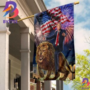President Donald Trump With US Flag Riding Vicious Lion Campaign Flag Race For President 2 Sides Garden House Flag