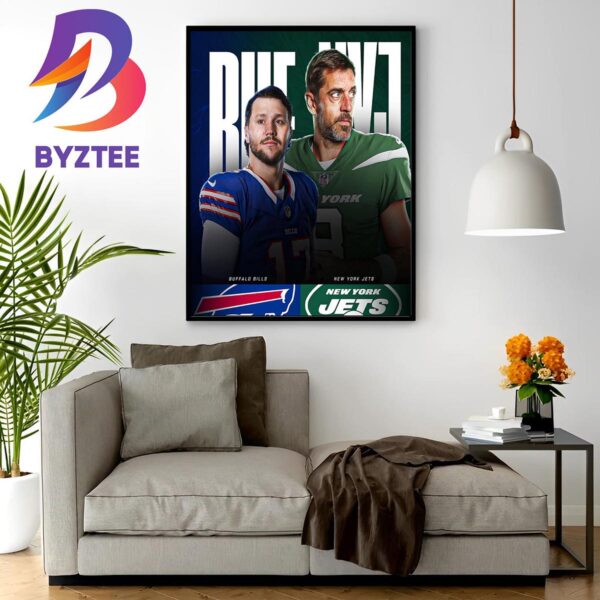 Josh Allen Vs Aaron Rodgers Poster For Game Buffalo Bills vs New York Jets in NFL Wall Decor Poster Canvas