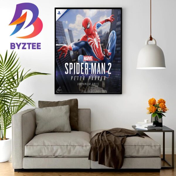 Peter Parker Advanced Suit In Spider-Man 2 Of Marvel Releasing October 20 on PS5 Wall Decor Poster Canvas