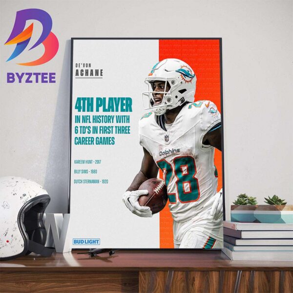 Miami Dolphins DeVon Achane Is The 4th Player In NFL History With 6TDs in First Three Career Games Wall Decor Poster Canvas