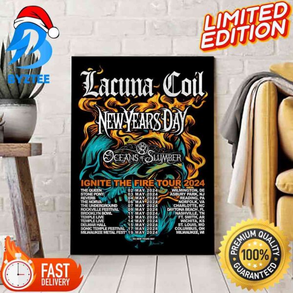 Lacuna Coil Ignite The Fire Tour 2024 Featuring New Year Day Rock And Oceans Of Slumber Decoration Poster