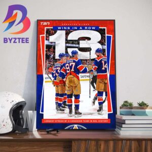 Edmonton Oilers 13 Wins In A Row The Longest Streak By A Canadian Team In NHL History Art Decor Poster Canvas