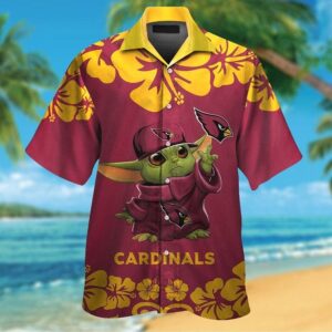 Arizona Cardinals Baby Yoda Short Sleeve Button Up Tropical Hawaiian Shirt For Men And Women