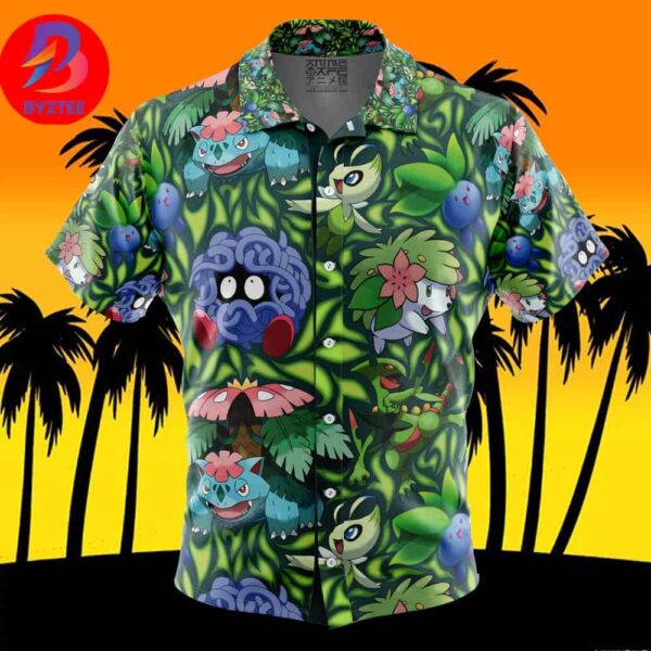 Grass Type Pokemon Pokemon For Men And Women In Summer Vacation Button Up Hawaiian Shirt