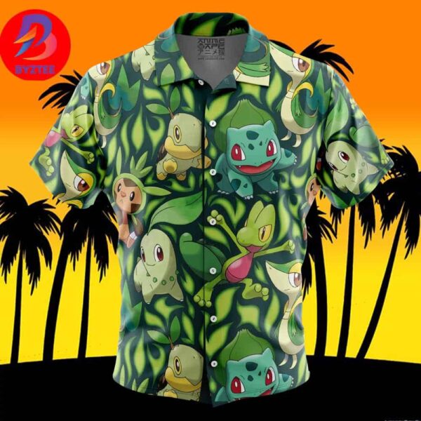 Grass Type Starters Pokemon For Men And Women In Summer Vacation Button Up Hawaiian Shirt