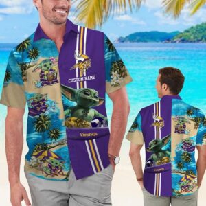 Minnesota Vikings Baby Yoda Name Personalized Tropical Hawaiian Shirt For Men And Women