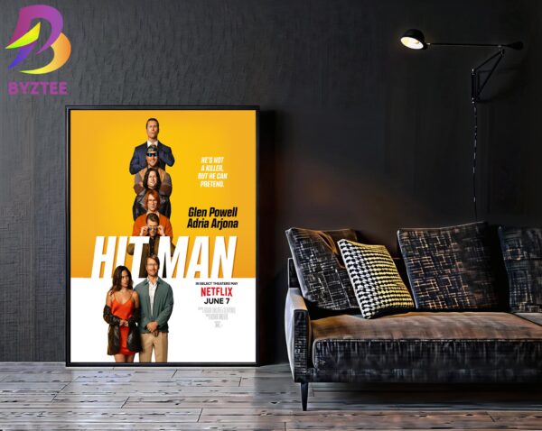Official Poster Hitman He Is Not A Killer But He Can Pretend Starring Glen Powell And Adria Arjona On June 7th 2024 Netflix Home Decor Poster Canvas