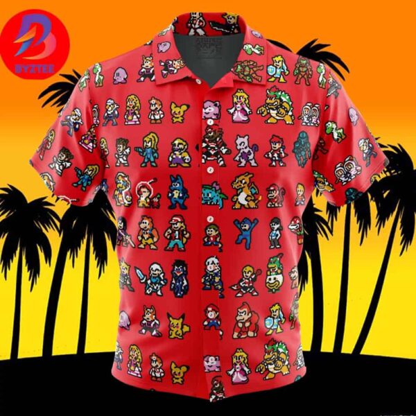 Pixel Smash Super Smash Bros For Men And Women In Summer Vacation Button Up Hawaiian Shirt
