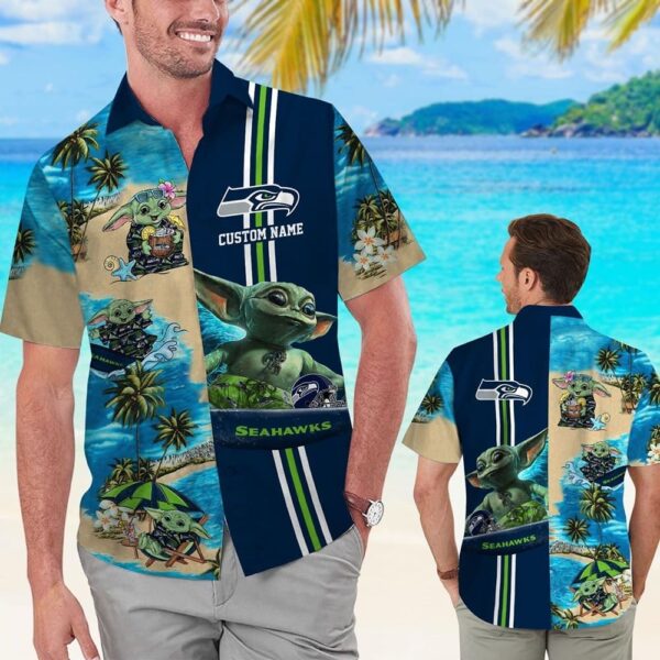 Seattle Seahawks Baby Yoda Name Personalized Tropical Aloha Hawaiian Shirt For Men And Women