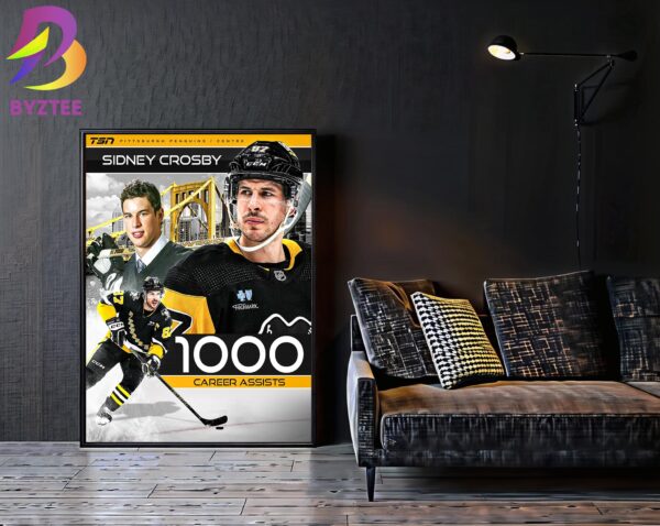 Sidney Crosby Pittsburgh Penguins 1000 Career Assists 14th Player Of All-Time In NHL History Home Decor Poster Canvas