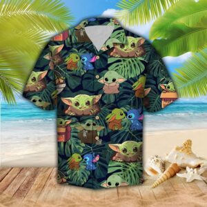 Star Wars Trendy Baby Yoda Grogu Stitch Cute Green Tropical Aloha Hawaiian Shirt For Men And Women