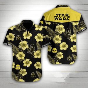 Star Wars Trendy Darth Vader Chewbacca Stormtrooper Heads Silhouette Pattern Tropical Aloha Hawaiian Shirt For Men And Women