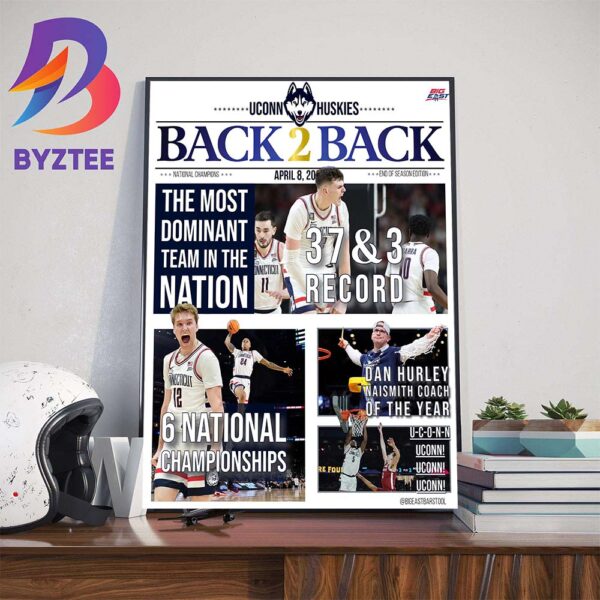 Uconn Huskies Mens Basketball Back2Back National Champions 2023-2024 NCAA Mens Basketball On Newspaper Home Decor Poster Canvas