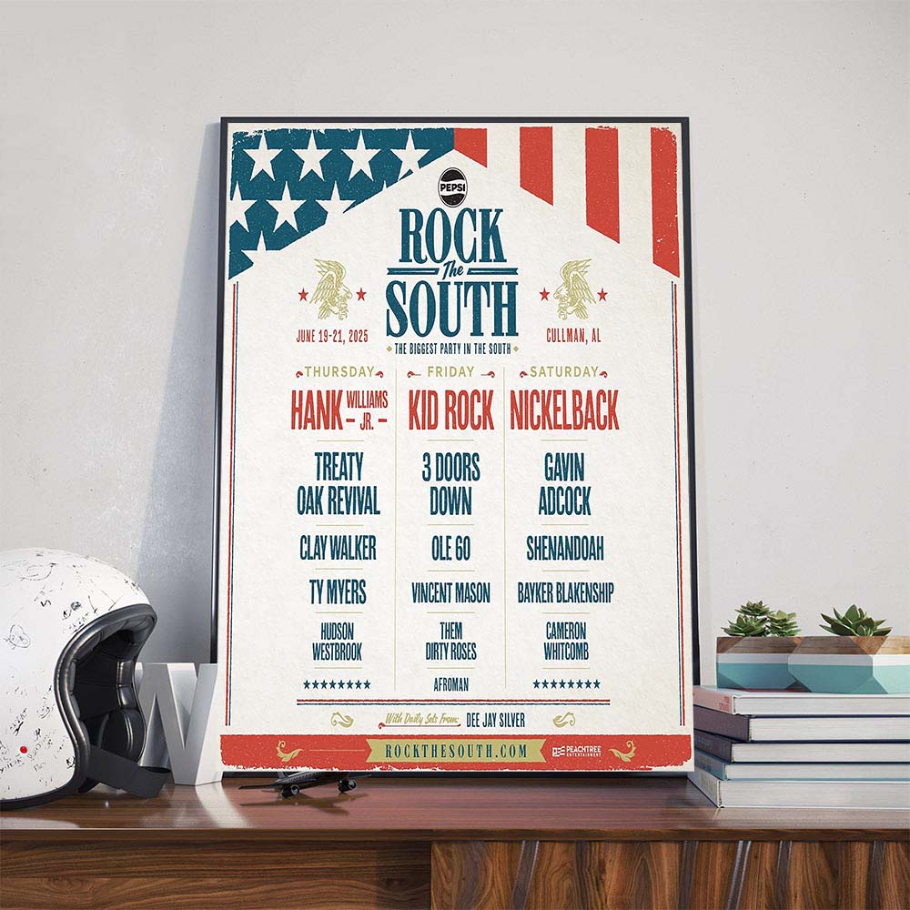 Rock The South The Biggest Party In The South With Headliners Hank Williams JR Kid Rock And Nickelback In Cullman AL On June 19-21 2025 Poster Canvas Rock The South The Biggest Party In The South With Headliners Hank Williams JR Kid Rock And Nickelback In Cullman AL On June 19-21 2025 Poster Canvas