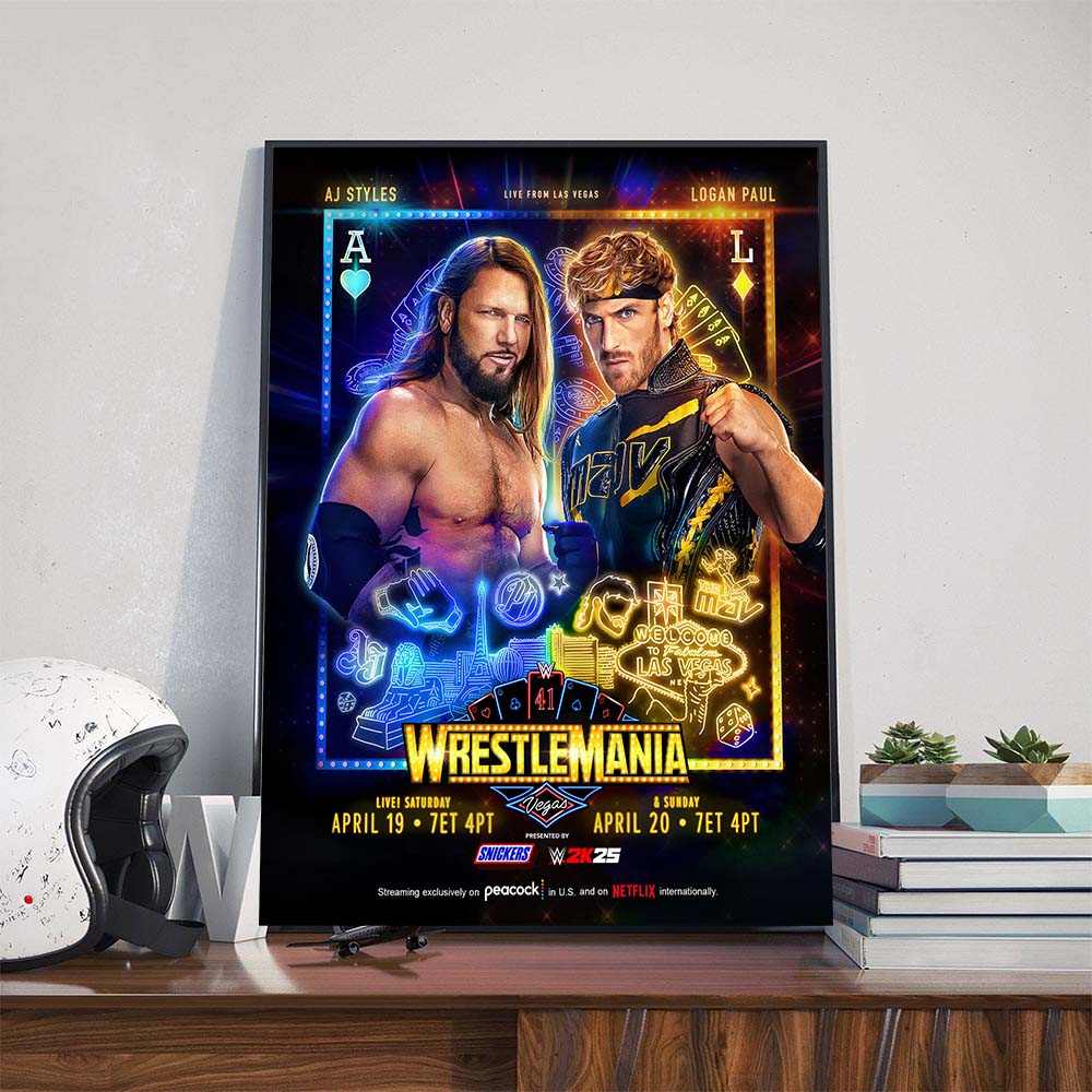 The Phenomenal AJ Styles Vs Logan Paul The Maverick For The First Time Ever In A Thrilling Showdown At WrestleMania 41 Vegas Poster Canvas The Phenomenal AJ Styles Vs Logan Paul The Maverick For The First Time Ever In A Thrilling Showdown At WrestleMania 41 Vegas Poster Canvas