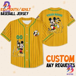 Custom Disney Mickey And Pluto Yellow Baseball Jersey for Kids And Adults