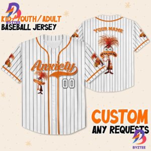 Personalize Anxiety Jersey Orange White Inside Out 2 Disney Baseball Jersey