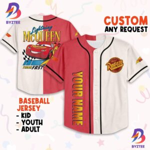 Personalize Cars Lightning Mcqueen Think Fast 95 Custom Text Baseball Jersey