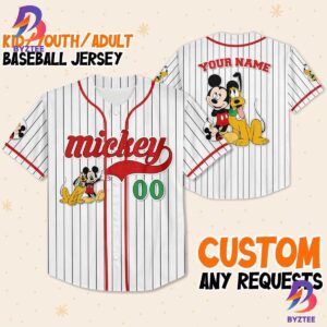 Personalize Disney Mickey Mouse And Pluto White Red Baseball Jersey