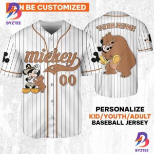 Personalize Disney Mickey Mouse Play With Bear White Brown Baseball Jersey