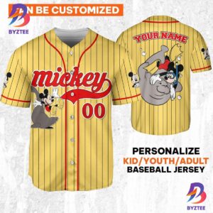 Personalize Disney Mickey Mouse Play With Seal Yellow Red Baseball Jersey