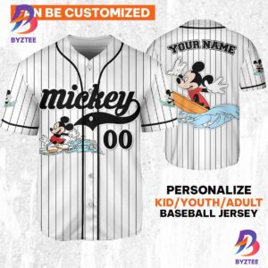 Personalize Disney Mickey Mouse Ride The Wave White Black Baseball Jersey