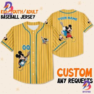Personalize Disney Mickey Mouse Rock And Roll Yellow Cyan Baseball Jersey