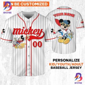 Personalize Disney Mickey Mouse Summer Time White Red Baseball Jersey