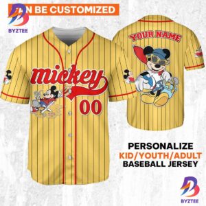 Personalize Disney Mickey Mouse Summer Time Yellow Red Baseball Jersey