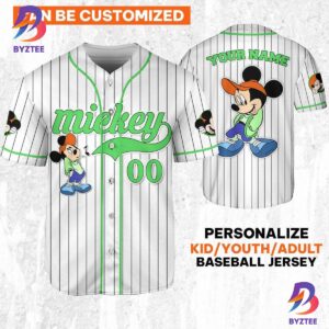Personalize Disney Mickey Mouse Young White Green Baseball Jersey