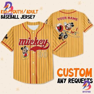 Personalize Mickey Mouse Fly A Plane Yellow Red Baseball Jersey