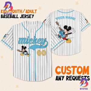 Personalize Mickey Mouse Rock And Roll White Blue Light Baseball Jersey