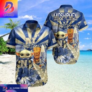 NCAA Navy Midshipmen Baby Yoda Tiki Flower Hawaiian Shirt For Men And Women