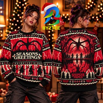 Stranger Things Seasons Greetings From The Upside Down 2026 Gift For Movie Lover Knit Ugly Christmas Sweater